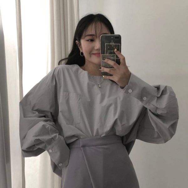 

women's blouses & shirts spring autumn korea fashion women lantern sleeve o-neck big pocket loose vintage cotton blouse ladies lon, White