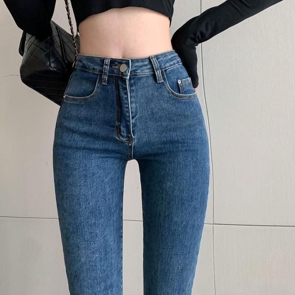 

women's jeans 2021 spring and autumn high waist all-match tight-fitting feet straight nine-point pants women, Blue