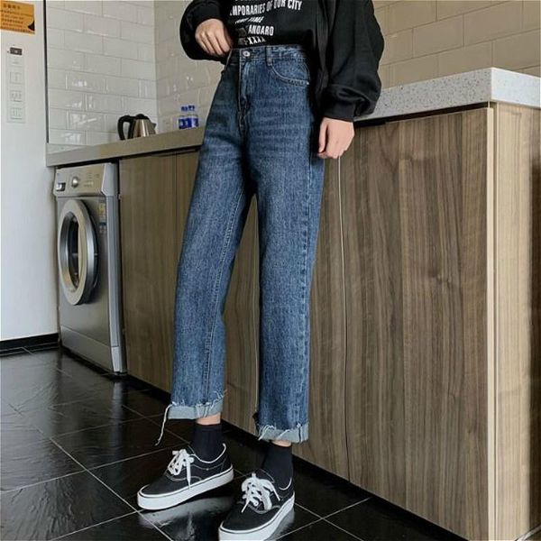 

women's jeans women ulzzang leisure ladies high waisted students denim trousers blue fashion all-match ankle-length trendy korean style
