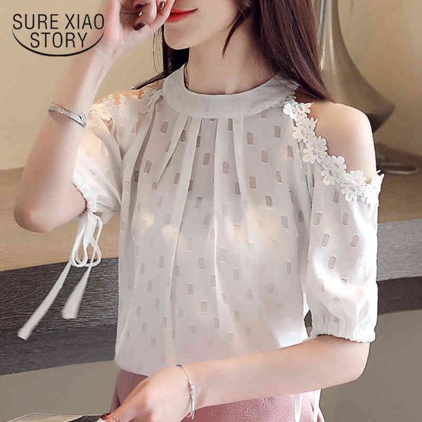 

summer casual off-shoulder short-sleeve women shirts women's loose korean chiffon blouse solid pullover ladies 9246 210415, White