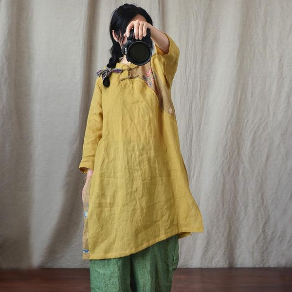 

women's blouses & shirts qpfjqd ladies loose ramie blouse long patchwork women 2021 summer retro print chinese style, White