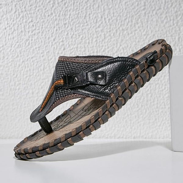 

size sandals men's summer leather non-slip hand-stitched soft-soled flip flops slippers1, Black