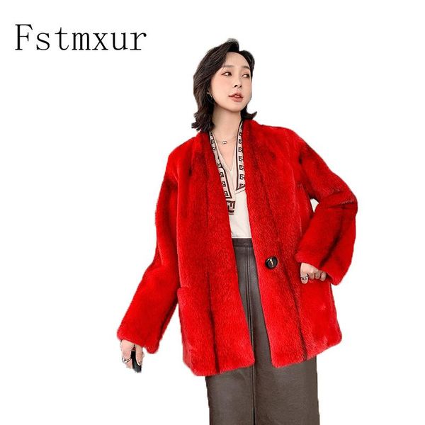 

women's fur & faux fstmxur 2021 imports cross velvt mink coat womens full sleeve v-neck warm single button pearl color short coats, Black