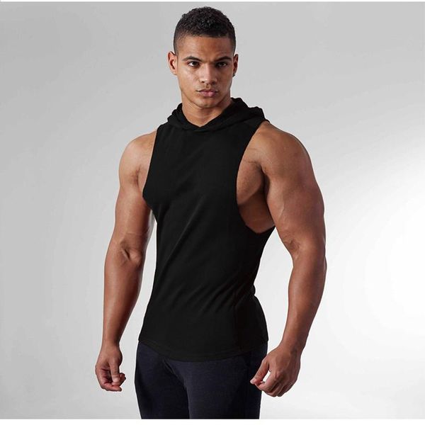 

men' tank hoodie vest fashion sleeveless tactical gym sports slim bodybuilding hooded streetwear workout, White;black