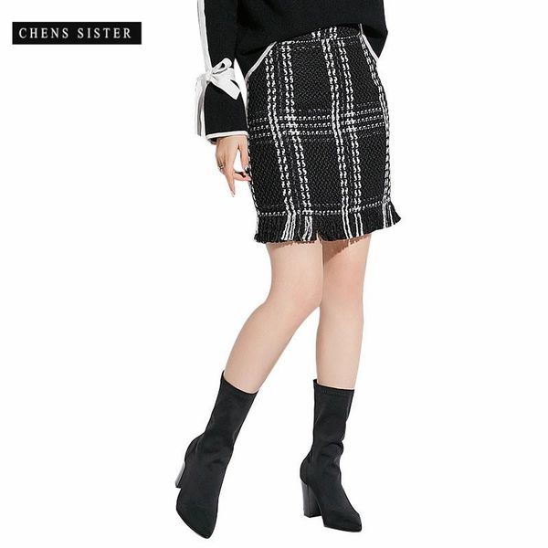

skirts [chens sister] women's stretchy pencil skirt black and white plaid short female slim fit business