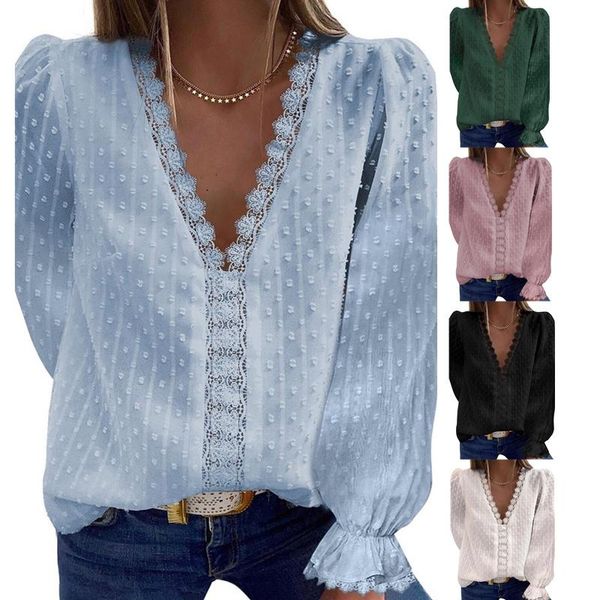 

women's blouses & shirts chronstyle fashion v-neck white lace patchwork women 2021 casual office lady long sleeve femme blouse