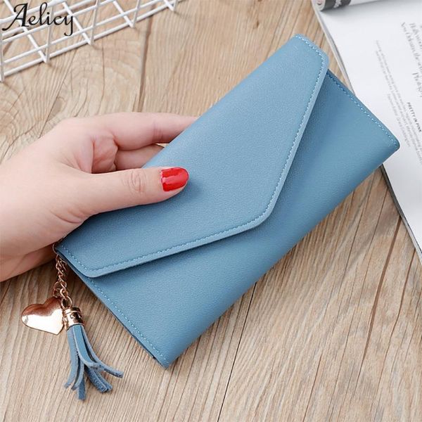 

wallets aelicy ladies fashion long wallet buckle solid color soft face large capacity tassel multi-card bit coin purse, Red;black