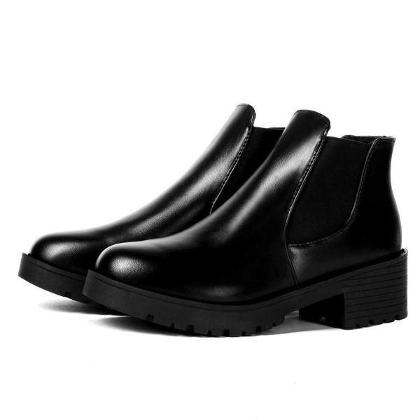 

boots punk women female square low heels slip on solid black leather ankle short plush vogue autumn winter shoes woman