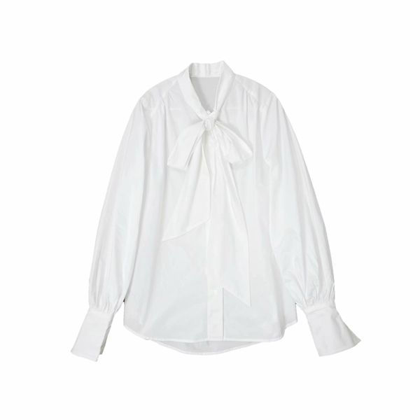 

elegant women solid big bow shirts fashion ladies white cotton loose streetwear female chic puff sleeve blouses 210430