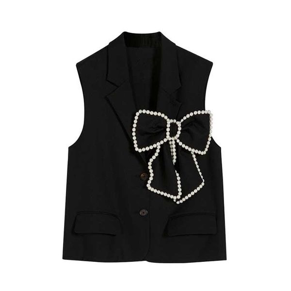 

women's vests design sense spring/summer 2021 ladies fashion pearl chain bow suit vest women comfortable outside, Black;white