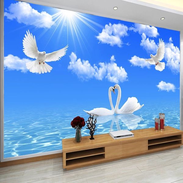 Custom Blue Sky Branco nuvens papel de parede 3d estéreo branco cisne rio mural sala de estar quarto tema