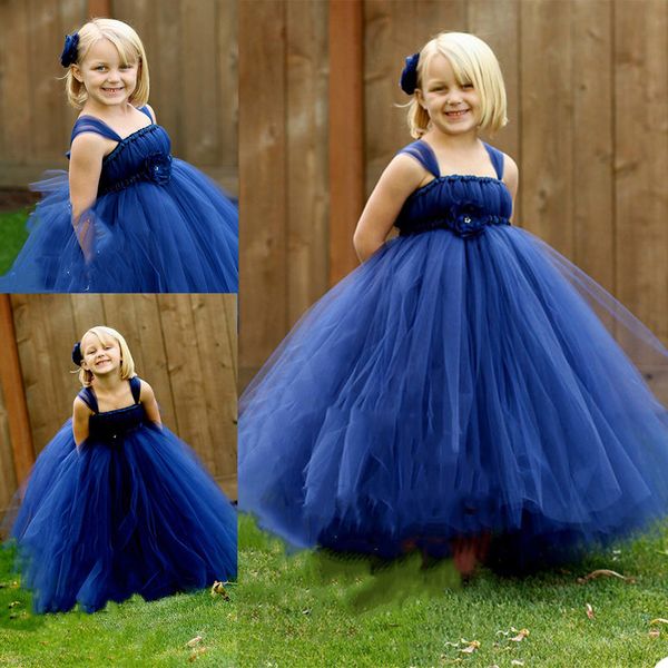 2021 azul lindo laço flor meninas vestidos para casamento tulle espaguete tornozelo comprimento um vestido de comunhão de linha