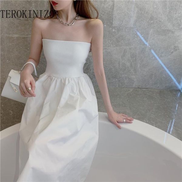 

casual dresses terokinizo french style vintage dress women temperament slim waist 2021 summer gentle all-match bare shoulder vestidos, Black;gray