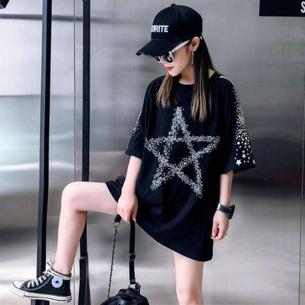 

women's t-shirt long printing short-sleeved female korean loose wild red fashion, White