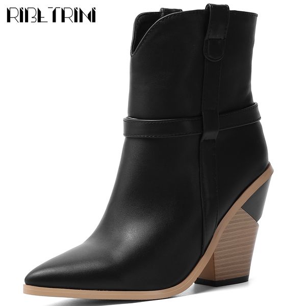

boots big size 35-43 ladies fashion pointed toe ankle shoes woman brand high chunky heels party boots women, Black