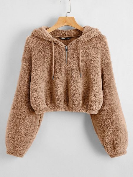 

drop shoulder drawstring crop teddy hoodie z3uw#, White;black