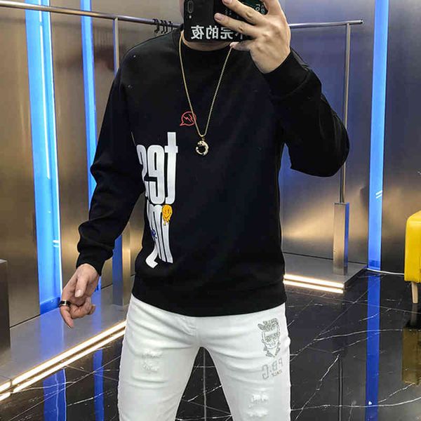 

hoodies young european autumn smiling face embroidered offset letter around neck youth fashion man, Black