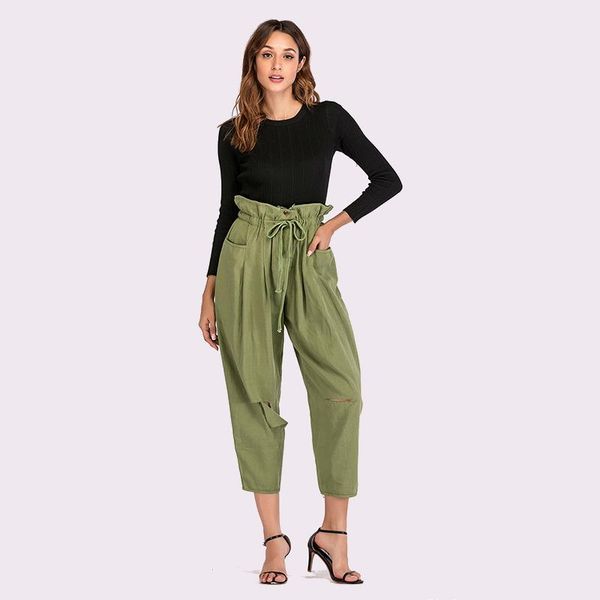 

women's pants & capris fashion women spring autumn high waist ruffles trousers casual office lady hole, Black;white