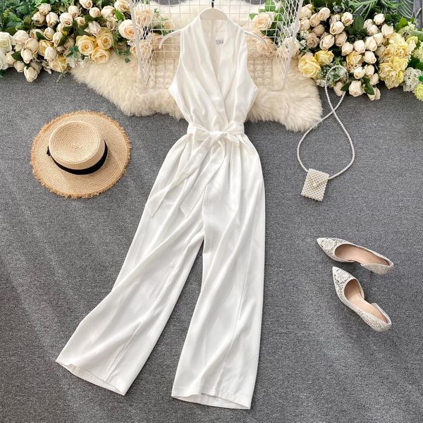 

women's jumpsuit summer wear for women 2021 fashion v-neck sleeveless white black wide leg overalls n261 jumpsuits & rompers, Black;white