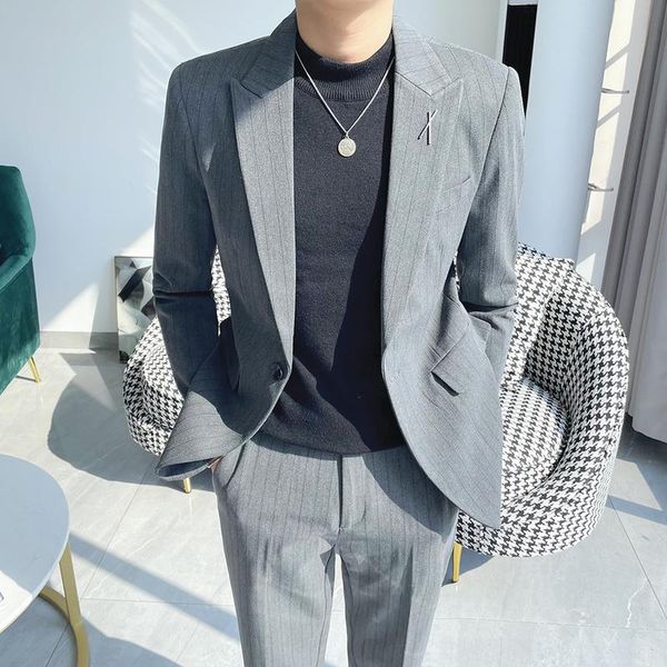 

men's suits & blazers classic striped suit 2 pieces business formal casual single button office work party prom stage clothing, White;black