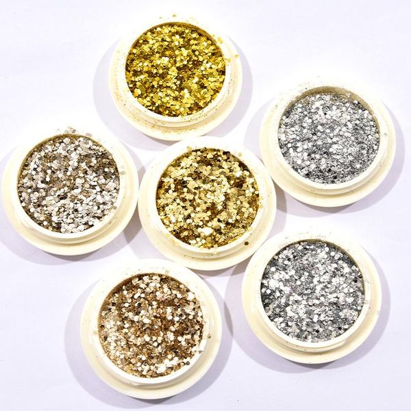 

nail glitter 6jars/lot mixed size powder pigment 3ml/jar for gel art decoration flakes dust jdsk(36), Silver;gold