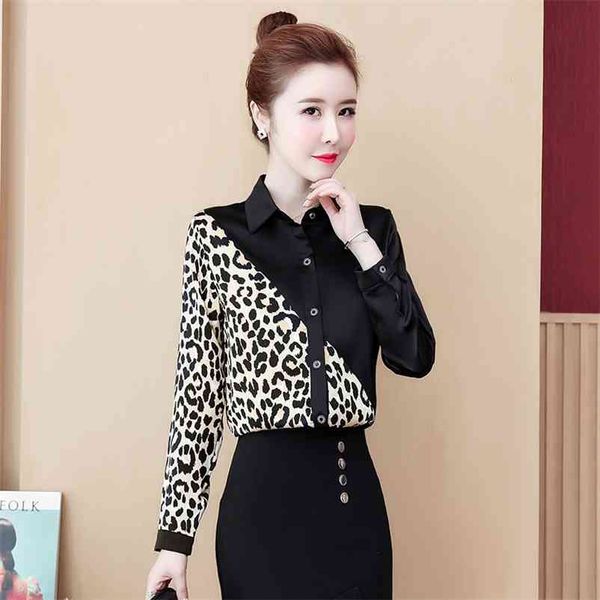 

fashion spring korean print long sleeve leopard stitched splice shirts women plus size womens and blouses 8054 50 210510, White