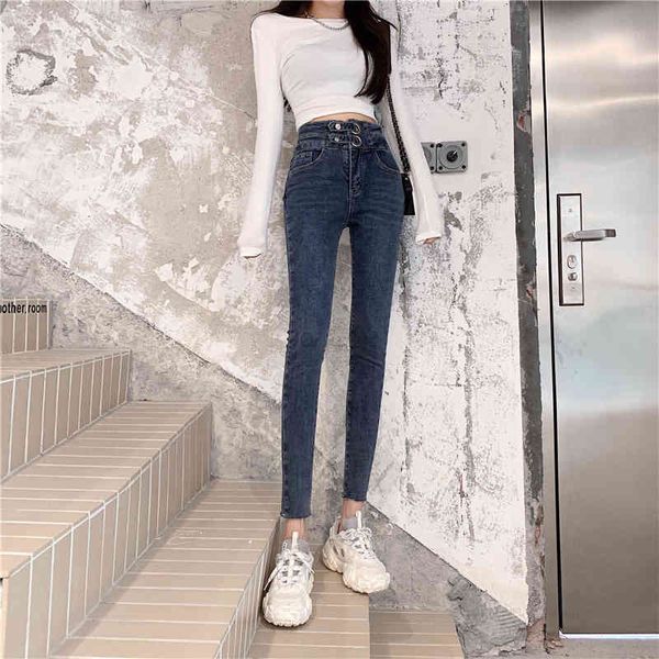 

jxmyy new product fashion temperament high waist stretch jeans women slim and thin skinny pants trendy women 2 buttons 210412, Blue