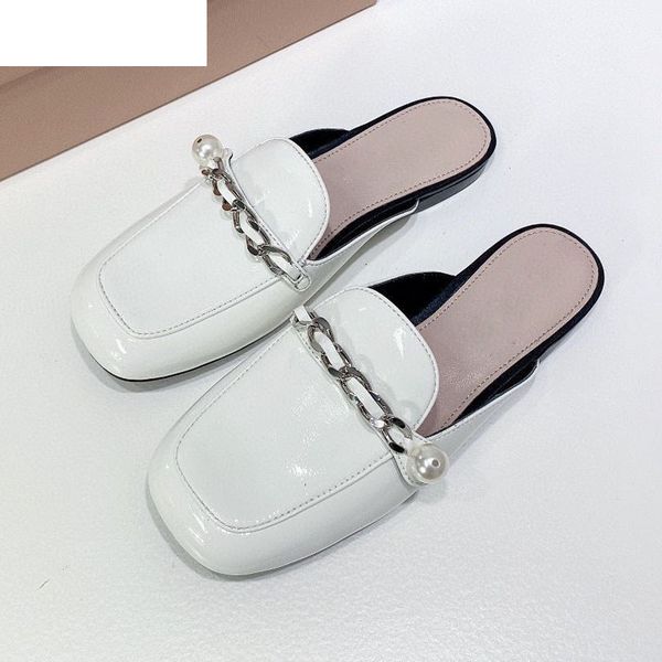 

sandals spring flat half slippers women closed toe shiny leather pearl metal chain decor comfort vacation shoes lazyman mules fema, Black