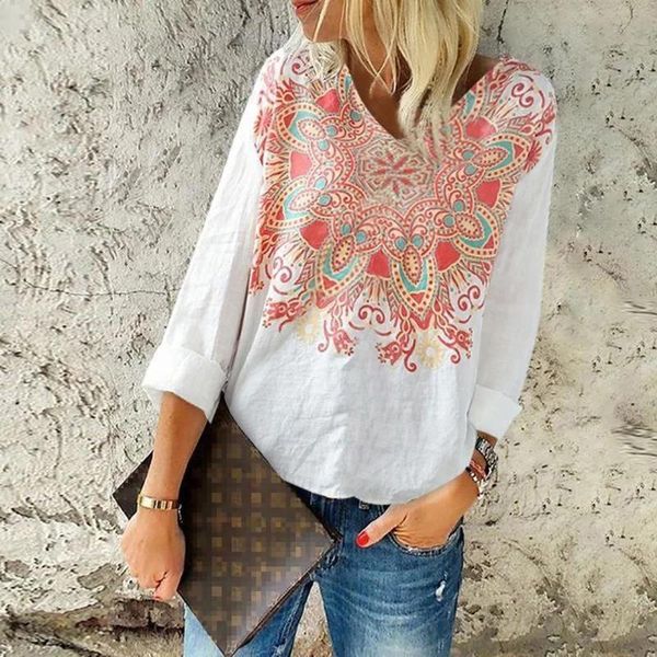 

women's t-shirt loose long sleeve flower print t shirt casual v neck tee white lady spring autumn shirts vintage clothing fashion