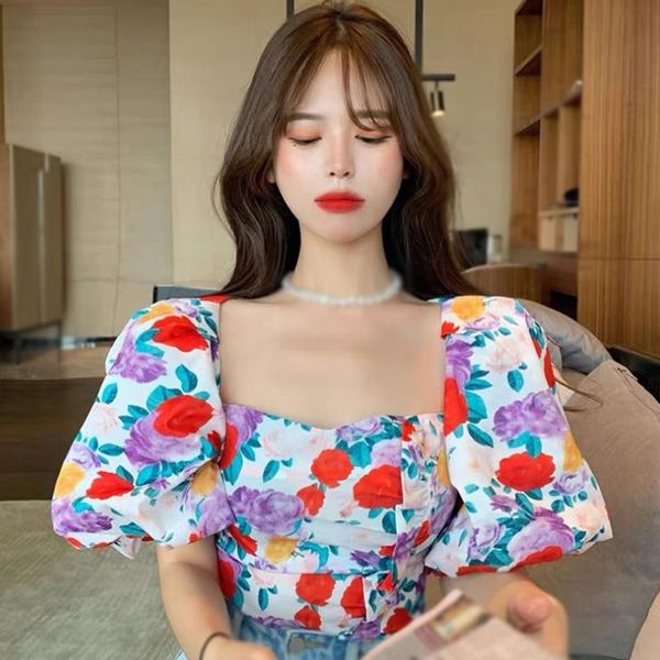 

women's blouses & shirts women summer short floral bubble sleeve square collar shirt, White