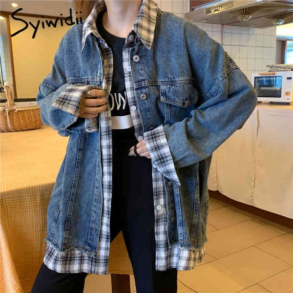 

syiwidii jean jacket women fake two pieces clothes fall winter denim coat oversized jeans spliced plaid korean coats women 210417, Black;brown