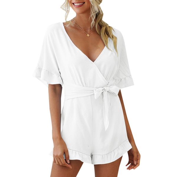 

Women's Jumpsuits & Rompers Women Summer Solid V-Neck Playsuit Ruffled Sleeves Hollow Out Short Pants Set Elegant Backless Lace Up Suit Q97K, Black;white