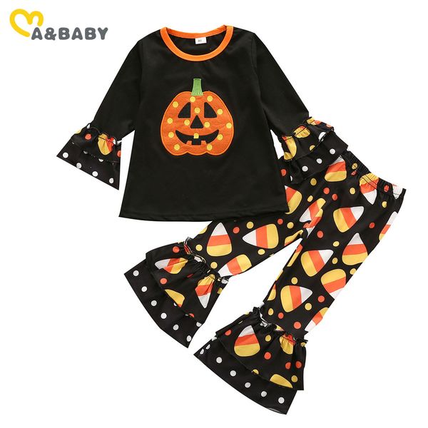 

1-6y halloween toddler kid girls clothes set pumpkin ruffles flare pants outfits autumn children costumes 210515, White