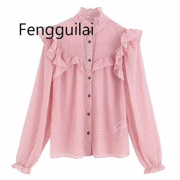 

women's blouses & shirts 2021 women sweet cascading ruffles dots printing casual blouse female long sleeve chiffon chemise chic blusas, White