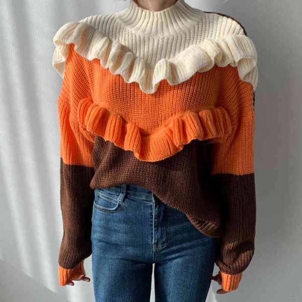 

sweaters streetwear stylish knitted sweater women half turtleneck long sleeve wide stripe ruffles patchwork pullovers thicken femme, White;black