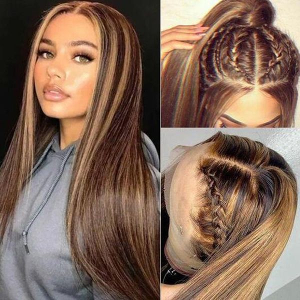 

27 highlight wig bone straight lace front pre-plucked 13x4 human hair wigs with baby brazilian remy1, Black;brown