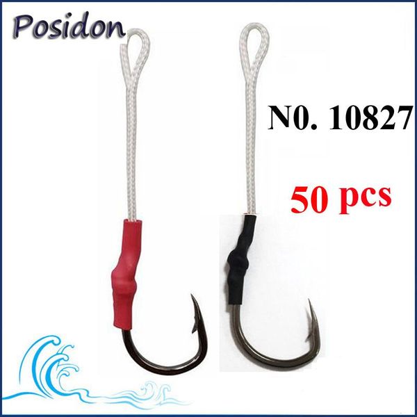 

posidon 50 pcs 10827 red/black tube stainless steel jig assist hooks jigging bait fishing hook with pe line