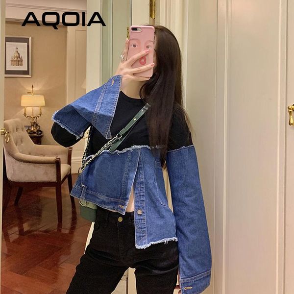 

women's hoodies & sweatshirts autumn streetwear female pullover denim patchwork irregular long sleeve short waman sweatshirt, Black