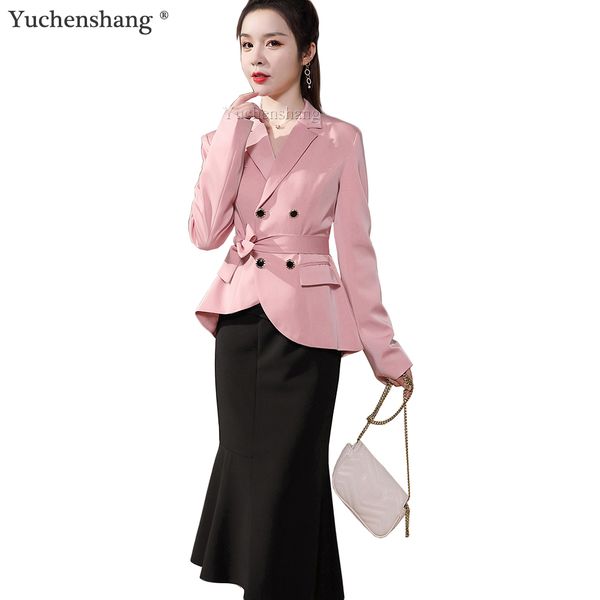 

casual dresses women fashion 2 piece set skirt suit of slim elegant ruffles green pink blazer 5jja, Black;gray