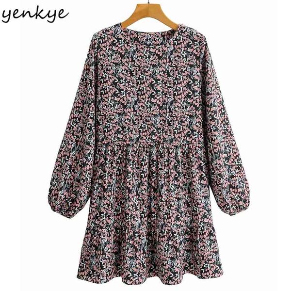 

spring women vintage floral print dress long sleeve round neck pleated casual loose plus size short vestido 210514, Black;gray
