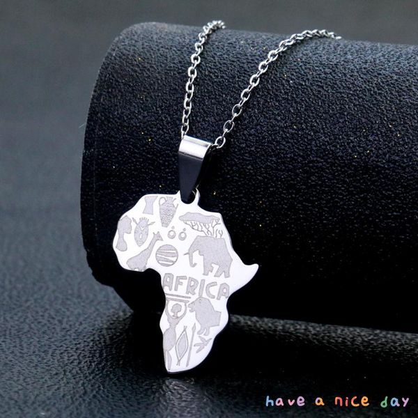 

pendant necklaces africa map titanium steel necklace punk jewelry giraffe elephant lion animal stainless men women, Silver