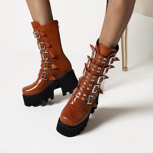 

boots 34-47 womens mid calf rivet studs belt buckle punk gothic chunky high heel platform shoes motorcycle plus size 2021, Black