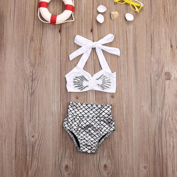 

cute baby girl summer 2pcs bikini set fashion toddler fish swimwear kids mermaid swimsuit infant bathing sets, White