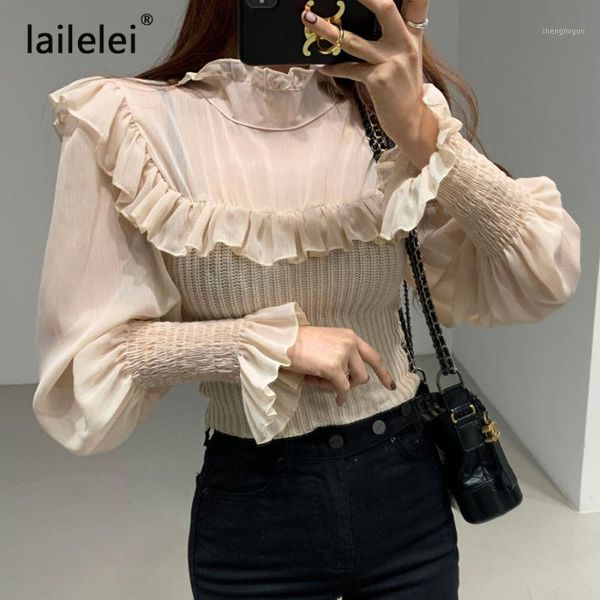 

chiffon ruffled shirt stitching knitted sweater cropped long flare sleeve korean elegant harajuku black spring 2021 chic women's blouse, White