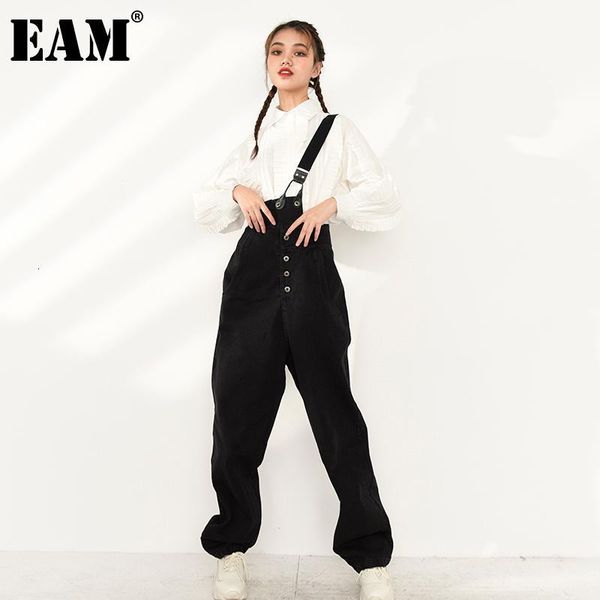 

women's jeans [eam] black irregular denim long overalls wide leg jeans high waist loose women trousers fashion spring autumn 202, Blue