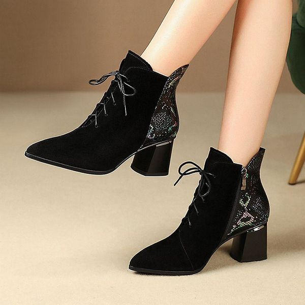 

boots botas mujer winter shoes women's ankle kid suede lace up keep warm mixed color bottes femme, Black