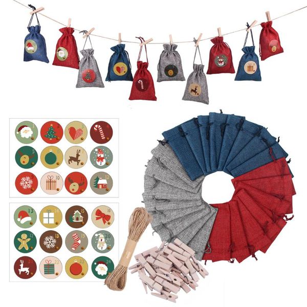 Schmuckbeutel, Taschen 24 Tage Weihnachten Adventskalender Geschenk DIY Set Papieraufkleber Beutel Dekoration mit Clips