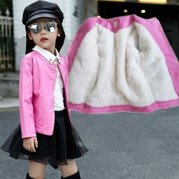 Venda meninas jaqueta de couro outono inverno rosa engrossar crianças mais veludo zíper quente algodão casaco de outwear para 3-12 anos 211204