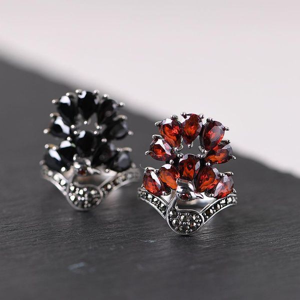 

cluster rings fnj animal peacock 925 silver adjustable size open 100% real s925 solid ring for women jewelry black red zircon, Golden;silver