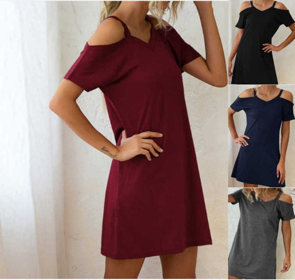 

summer solid off shoulder v-neck short sleeve loose dress lz8071, Black;gray
